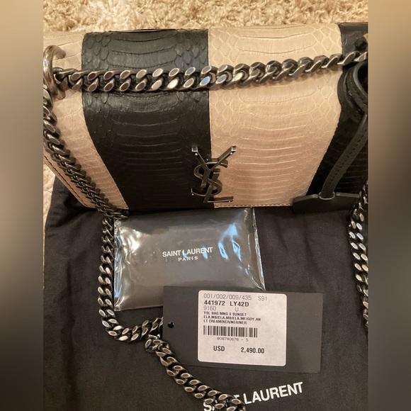 SAINT LAURENT BLACK/ CREAM STRIPED SNAKESKIN CROSSBODY PEWTER COLOR CHAIN - Picture 2 of 8